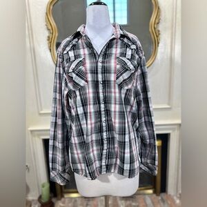 Guess Women's XL Plaid Pearl Snap Shirt Western Embroidered‎ Hi Low Hem